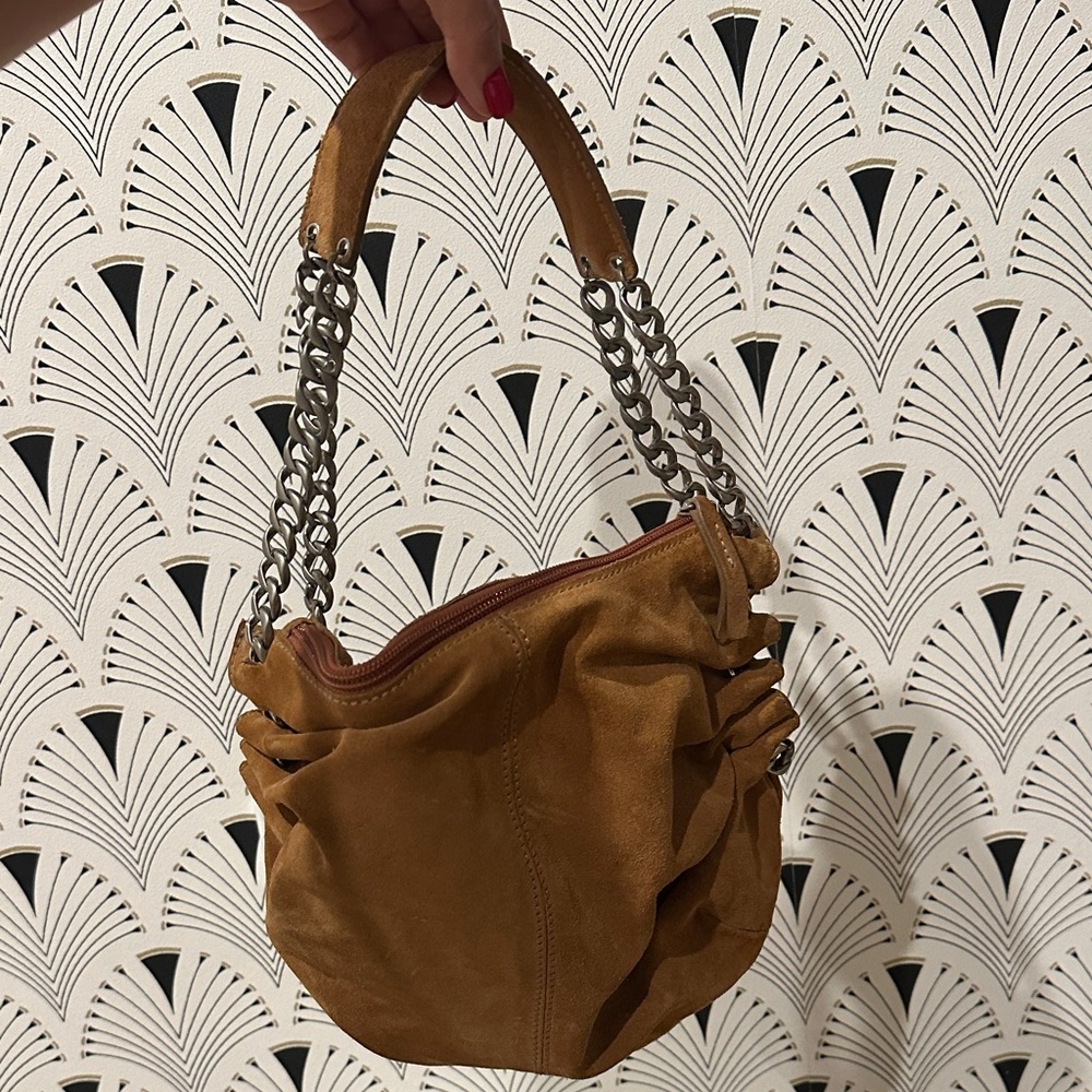 Elegant Caramel Suede Shoulder Bag with Chain Handles